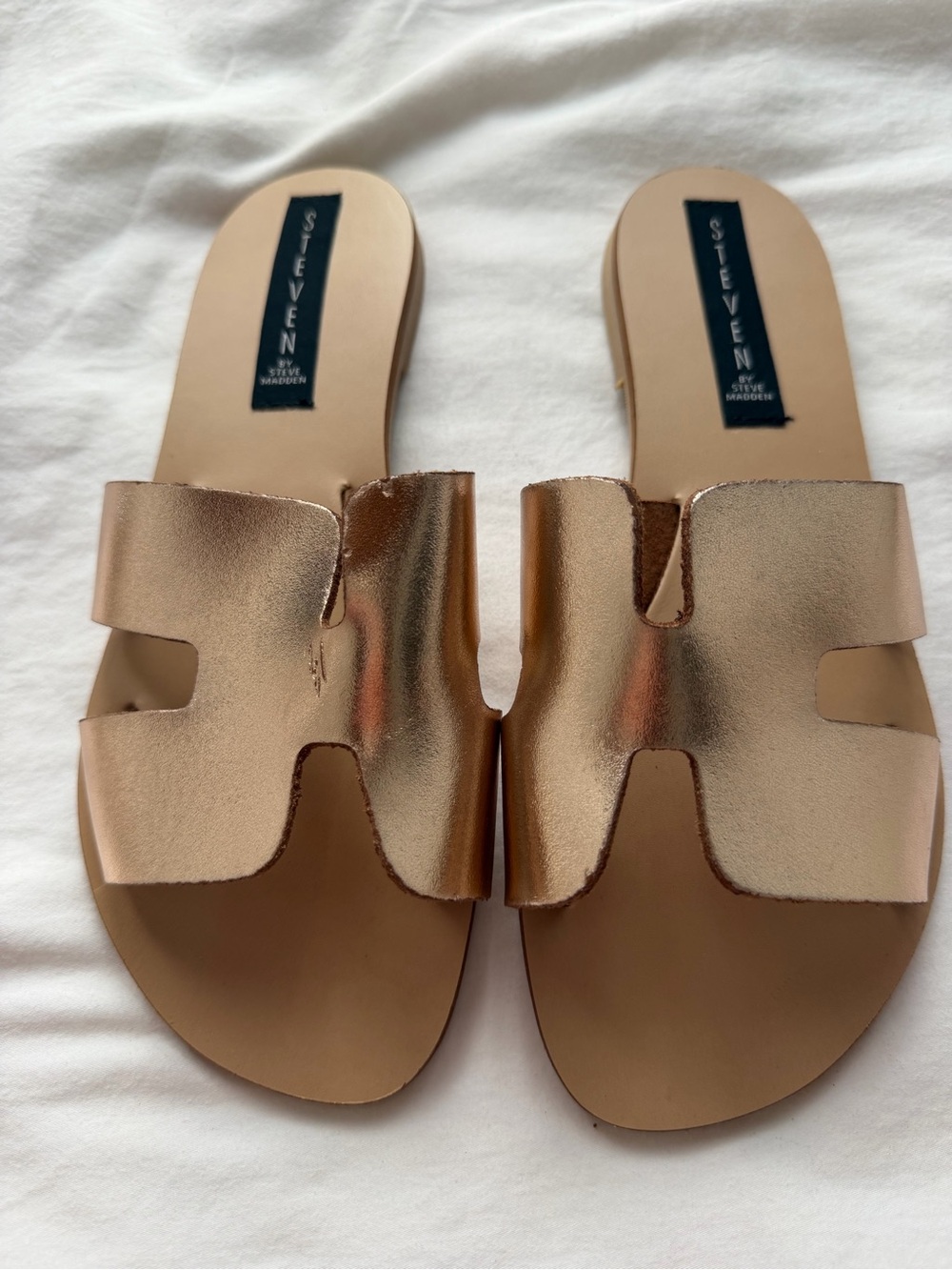 Steven by Steve Madden Greece Rose Gold Metallic Leather Cutout Slide Sandals 7